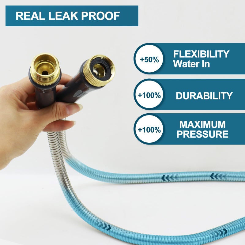 AnyEasy Stainless Steel Garden Hose 50ft Heavy Duty Metal Water Hoses with 10 Function Water Hose Nozzles for Yard Outdoor - Image 4